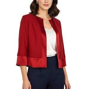 ST. JOHN Red Open Front Lightweight Flowy Jacket Wool Metallic Satin Trim Size 8